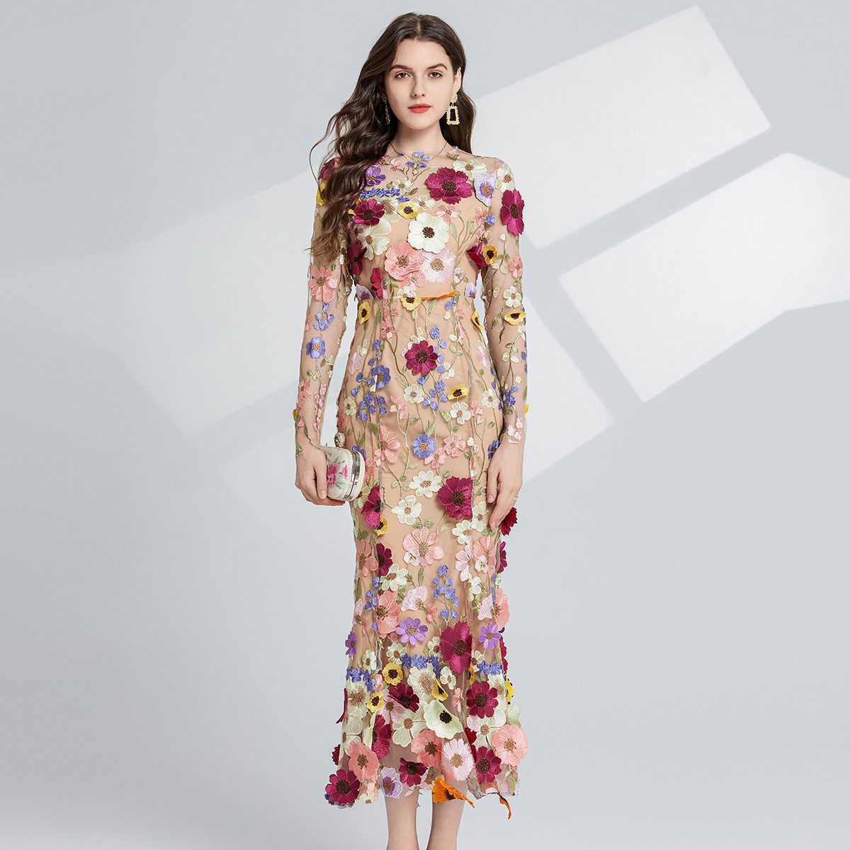 Dress Elegant Embroidered 3D Flower Design, Defined Waistline Long Sleeves - Image 9