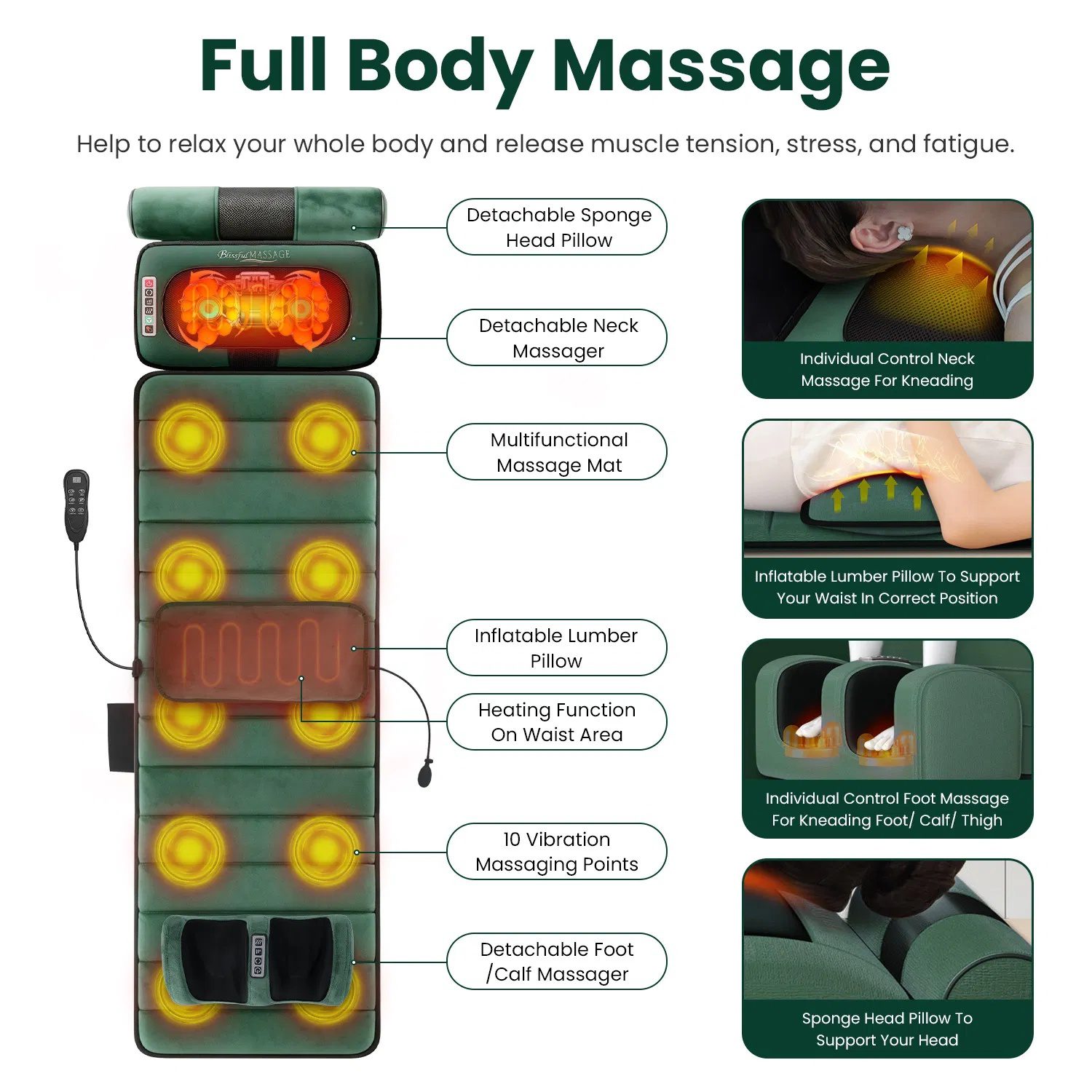 Full Body Massage Pad with Separable Shiatsu Neck & Foot Massagers, Adjustable Inflatable Waist Pillow 3 Heat Levels Custom Vibration Settings Foldable Design with Carry Bag - Image 5