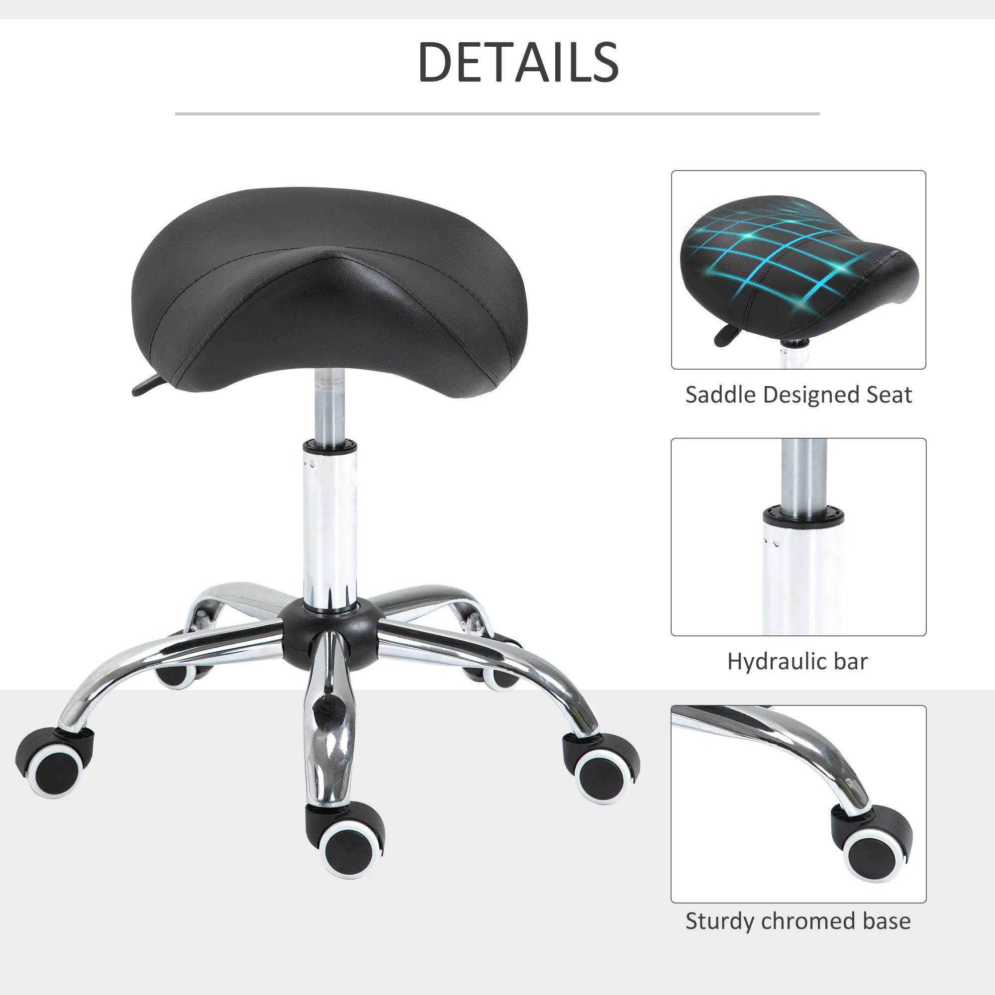 Adjustable Elegance: Hydraulic Salon Stool, Rolling Swivel Saddle Chair, PU Leather Beauty Seat for Spa, Black Finish - Image 5