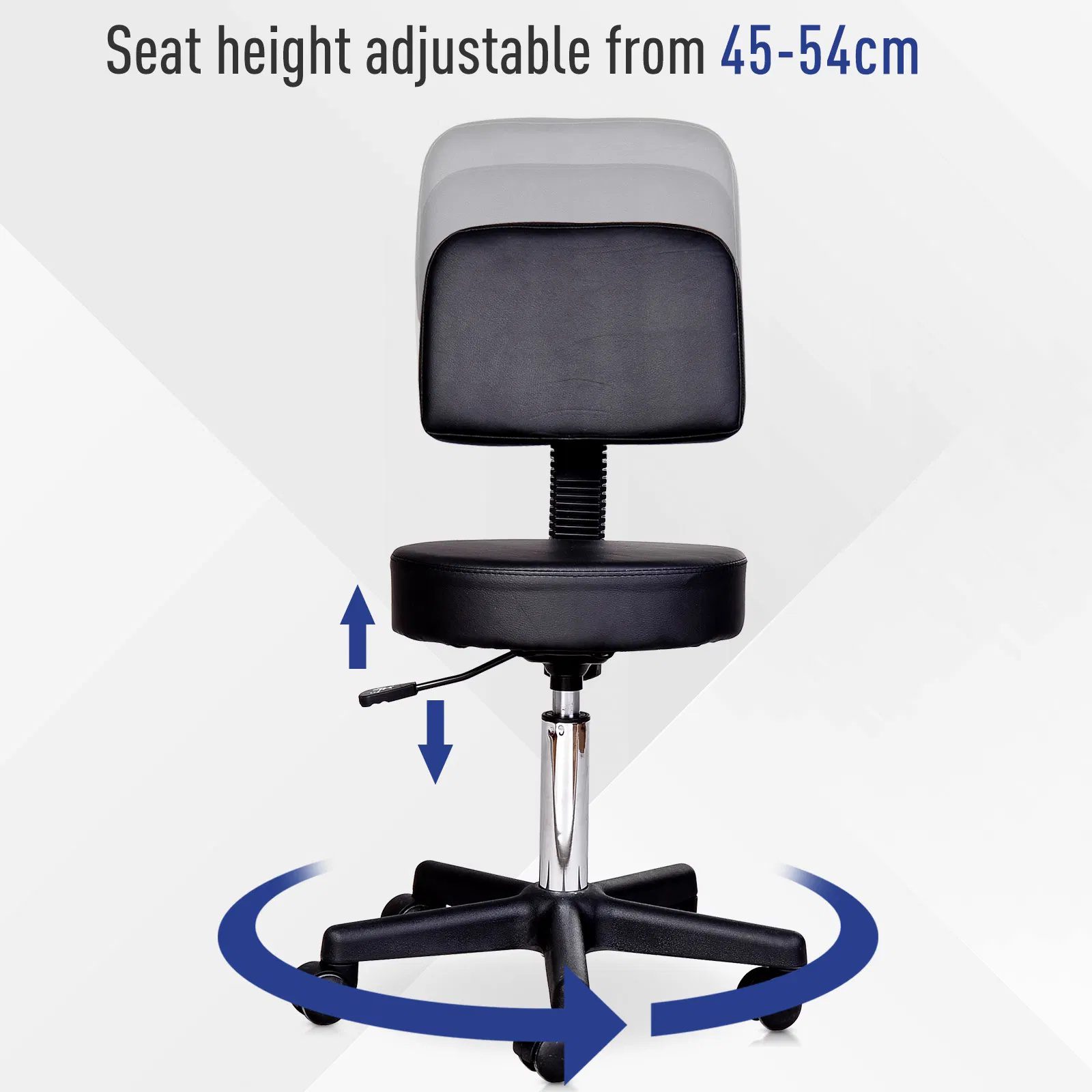 Rolling Stool Comfort: PU Leather Adjustable Swivel Drafting Stool with Back for Salon, Spa, Massage, Black Seating - Image 3