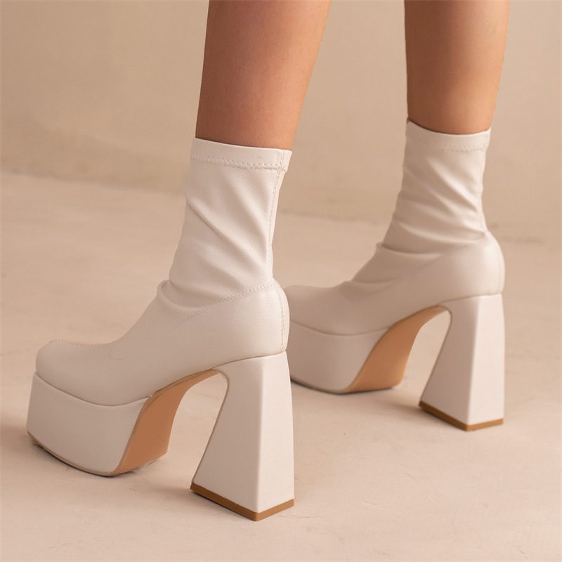 Thick Sole Shaped Heel Sleeve Low Top Square Toe Women's Boots - Image 4