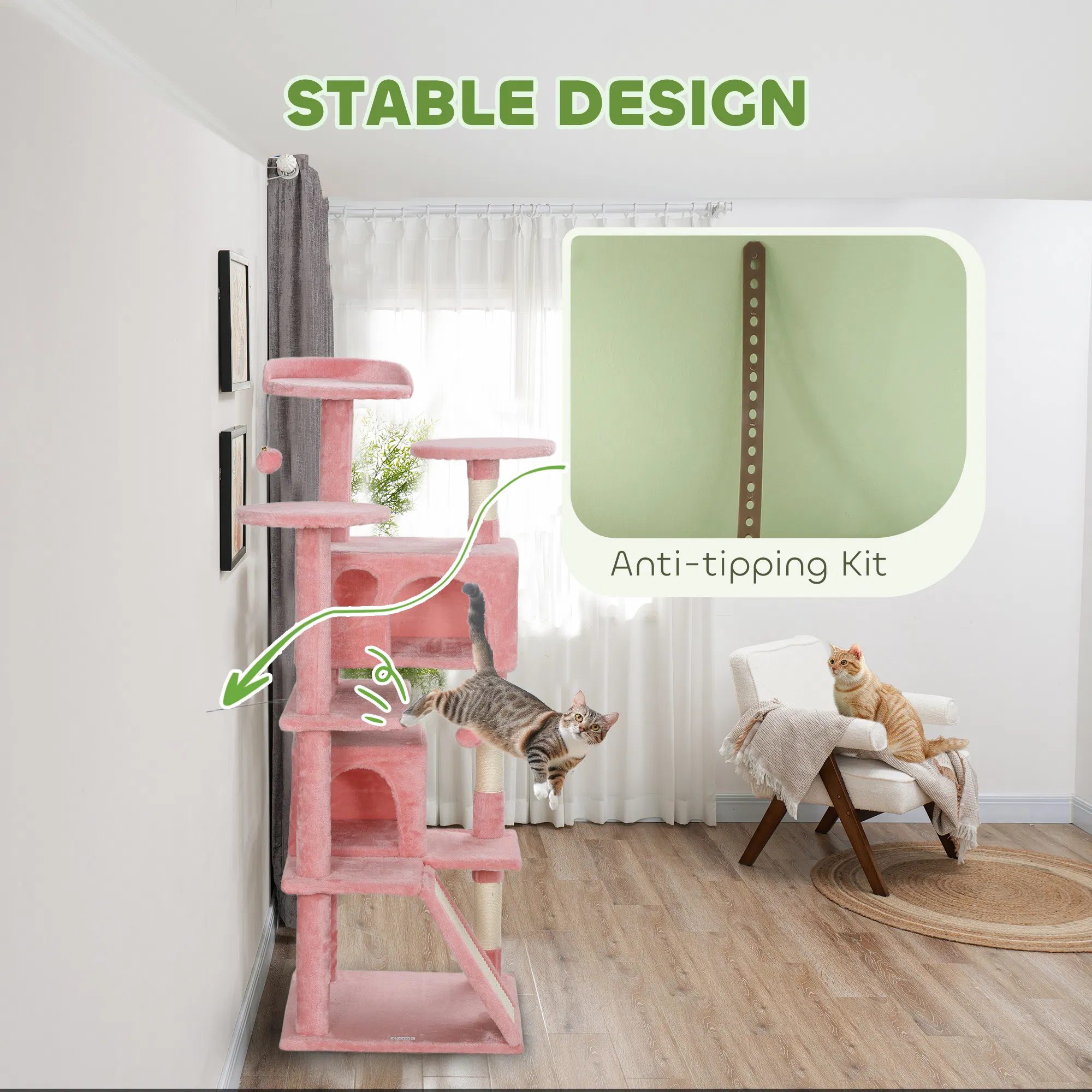 54" Cat Tree, Multi-Level Cat Tower with Scratching Posts, Cat Condos, Bed, Platforms, Ramp, Toy Ball, Pink - Image 6