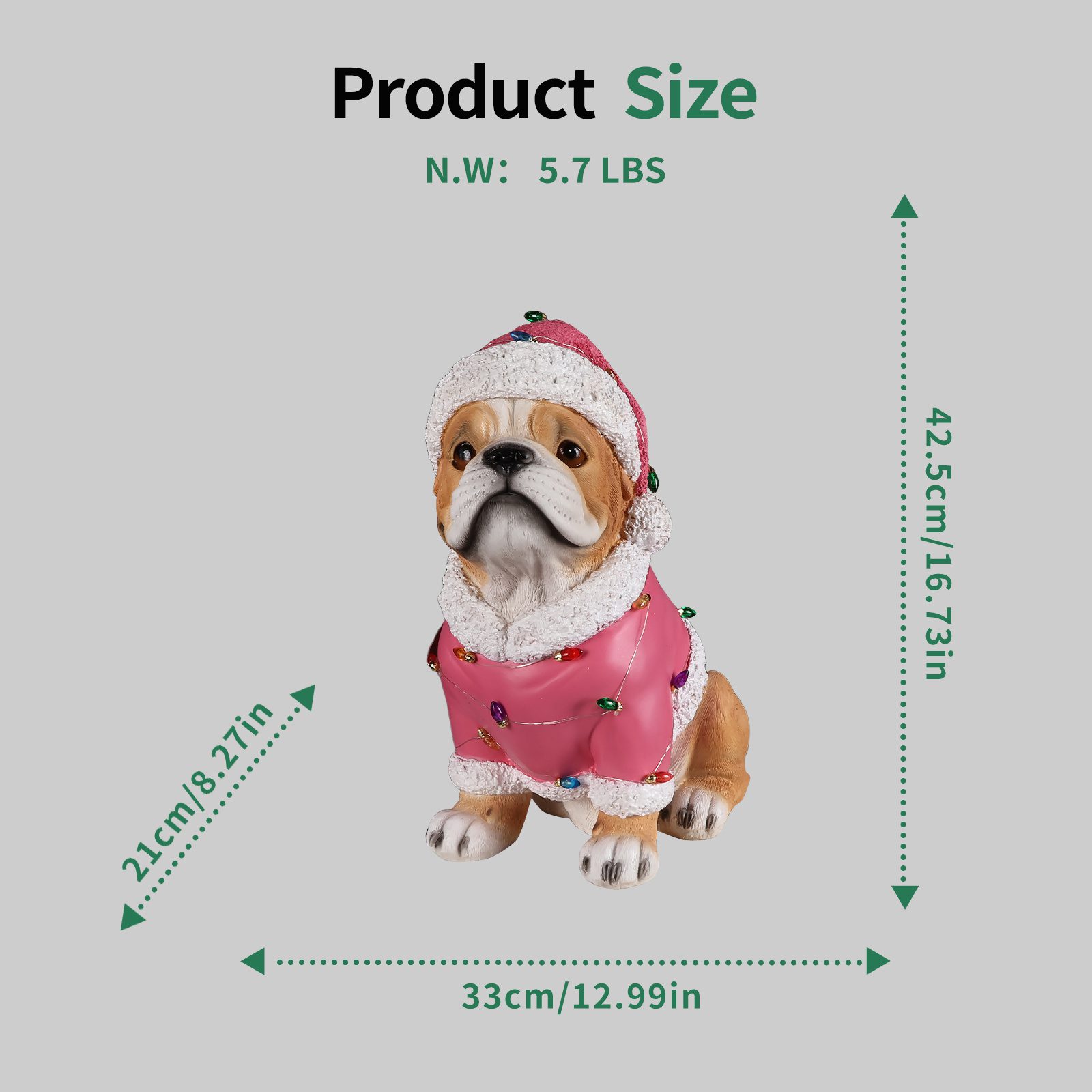 Christmas Pug Statue, Holiday Dog Figurine in Pink Santa Outfit - Image 3