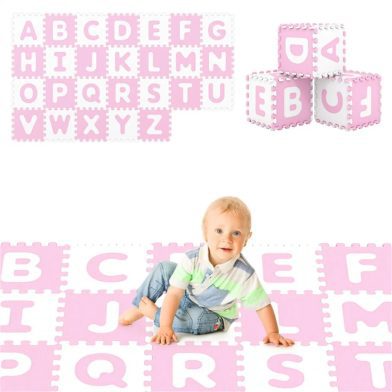 26PCS ABC Alphabet EVA Foam Play Mat, 31.75×31.75×1.02cm BPA-Free Non-Slip Floor Tiles for 10+ Months, Pink + White