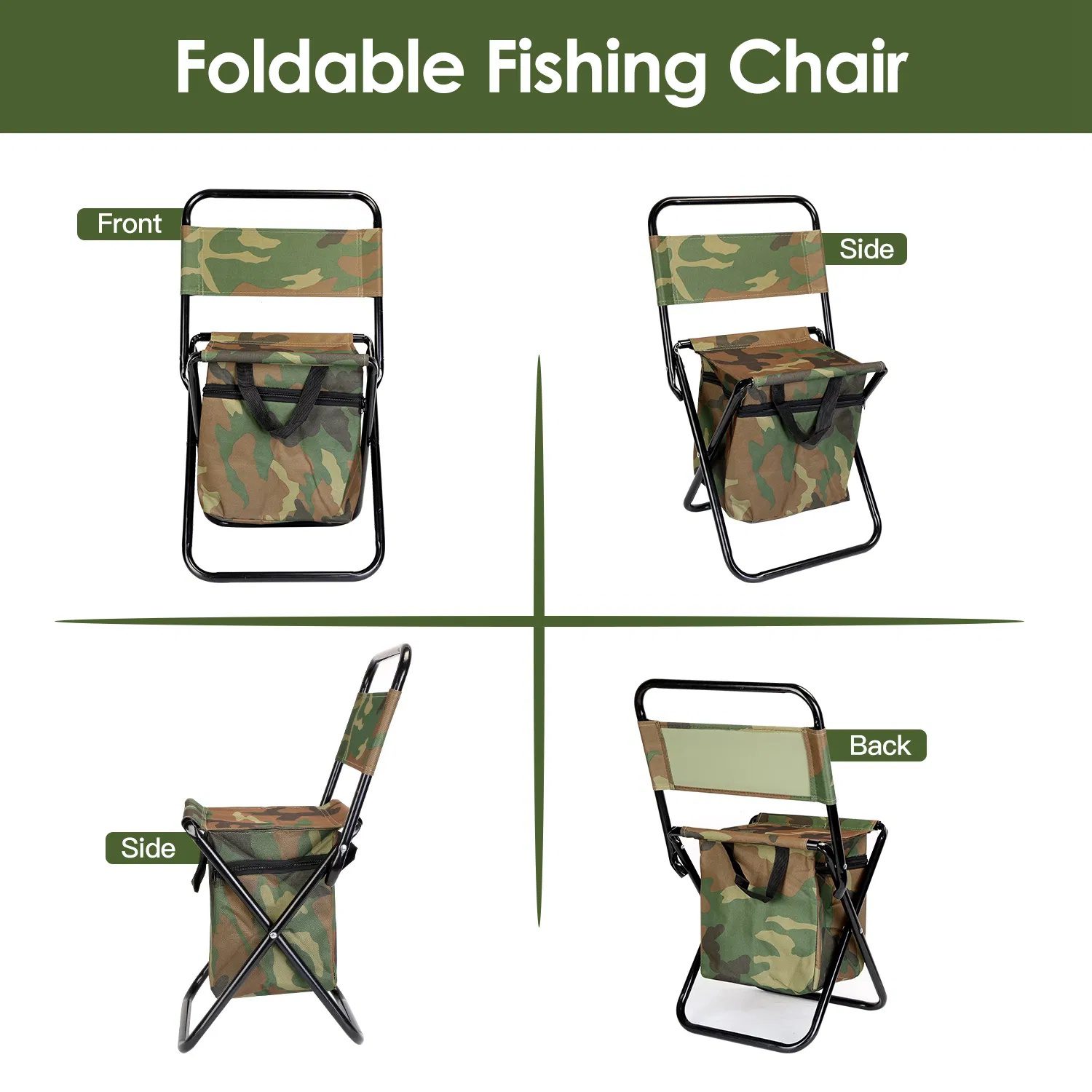 Collapsible Fishing Chair with Built-in Insulated Cooler Bag, Portable Oxford Outdoor Chair with Backrest, 200lbs Weight Capacity for Camping Concert BBQ Adventures - Image 9