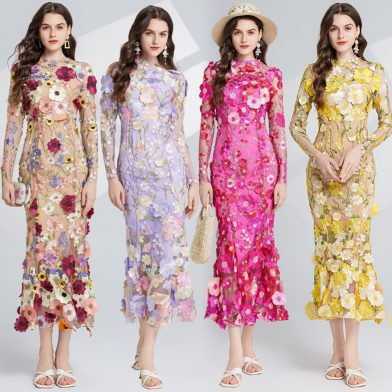 Dress Elegant Embroidered 3D Flower Design, Defined Waistline Long Sleeves