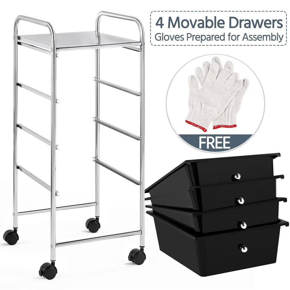 4 Drawers Metal Frame Storage Cart Rolling Bin Trolley, Black - Image 3