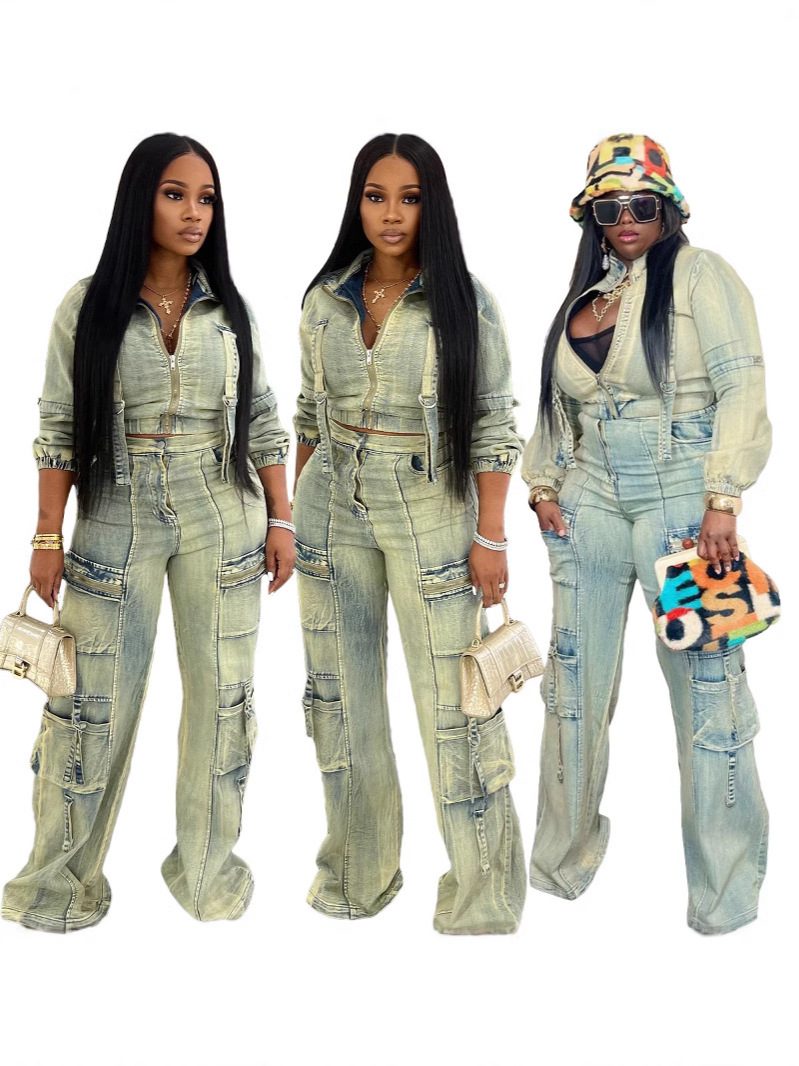 Fashionable And Sexy Washed Denim Jacket And Pants Set - Image 4