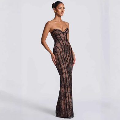 New Celebrity-Style Lace Strapless Fishbone Evening Gown