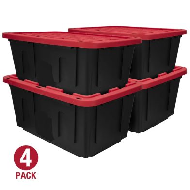 4 Pack 27 Gallon Large Storage Bin With Snap Lid, Black And Red, Heavy Duty Plastic Storage Container  Shipment From Walmart