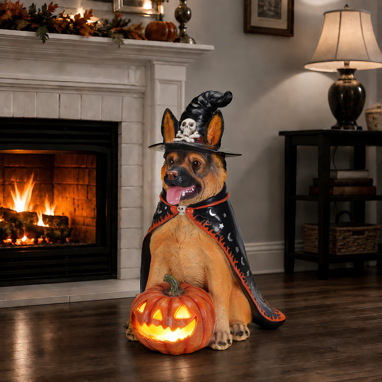 Halloween German Shepherd Dog Statue, Large Sitting Dog Figurine with Witch Hat & Cape, LED Light Up Jack-O-Lantern Pumpkin - Image 3
