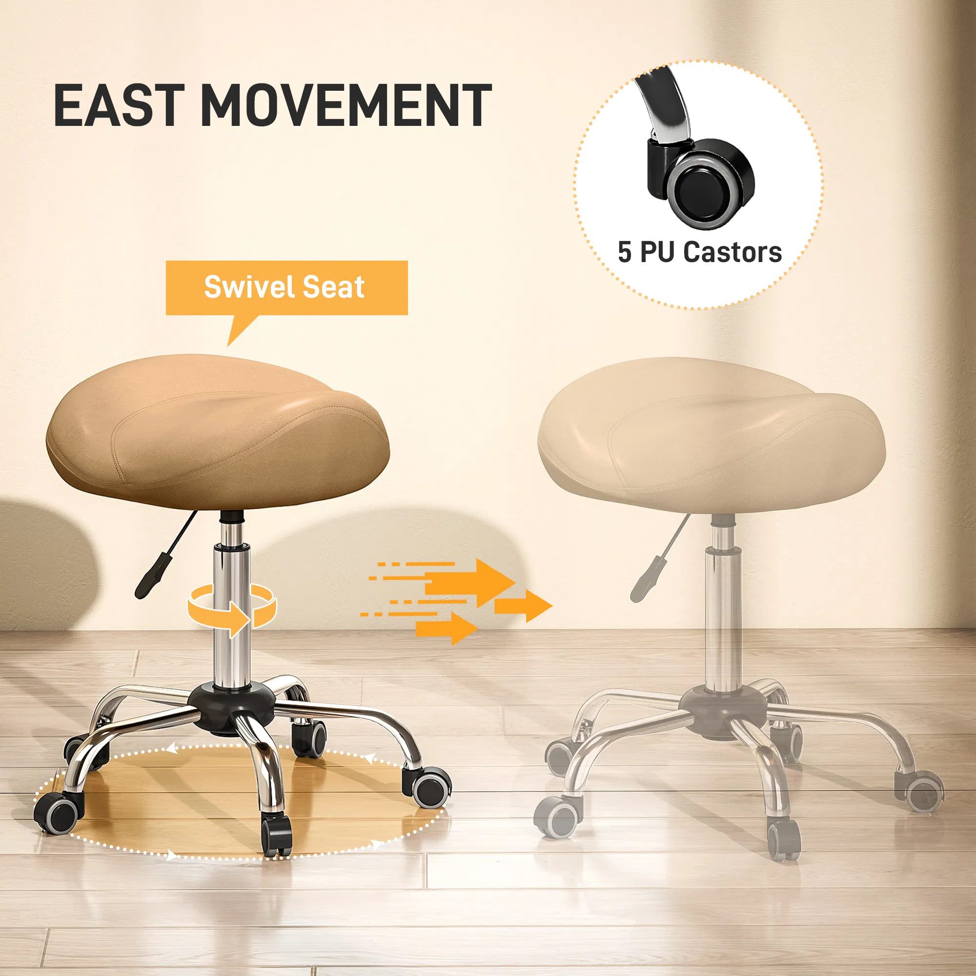 Saddle Stool, Height Adjustable Rolling Salon Chair with PU Leather for Massage, Spa, Clinic, Beauty and Tattoo, Brown - Image 5