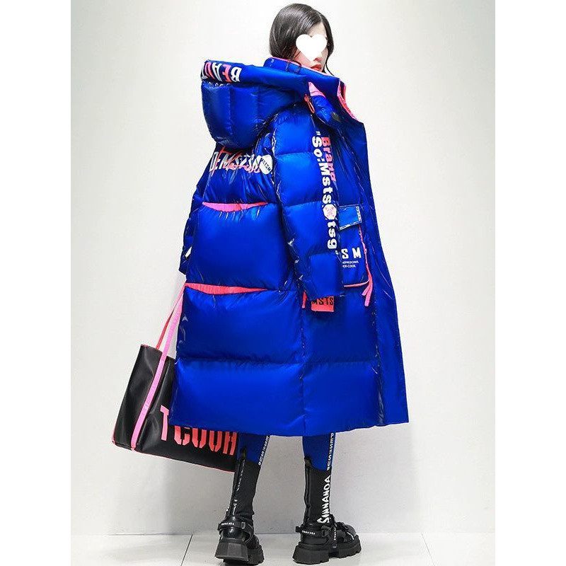 Womens Winter Loose Western-Style Over-the-Knee Long Thermal Patchwork Down Jacket - Image 4