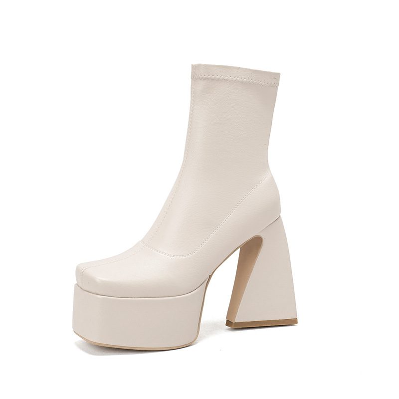 Thick Sole Shaped Heel Sleeve Low Top Square Toe Women's Boots - Image 6