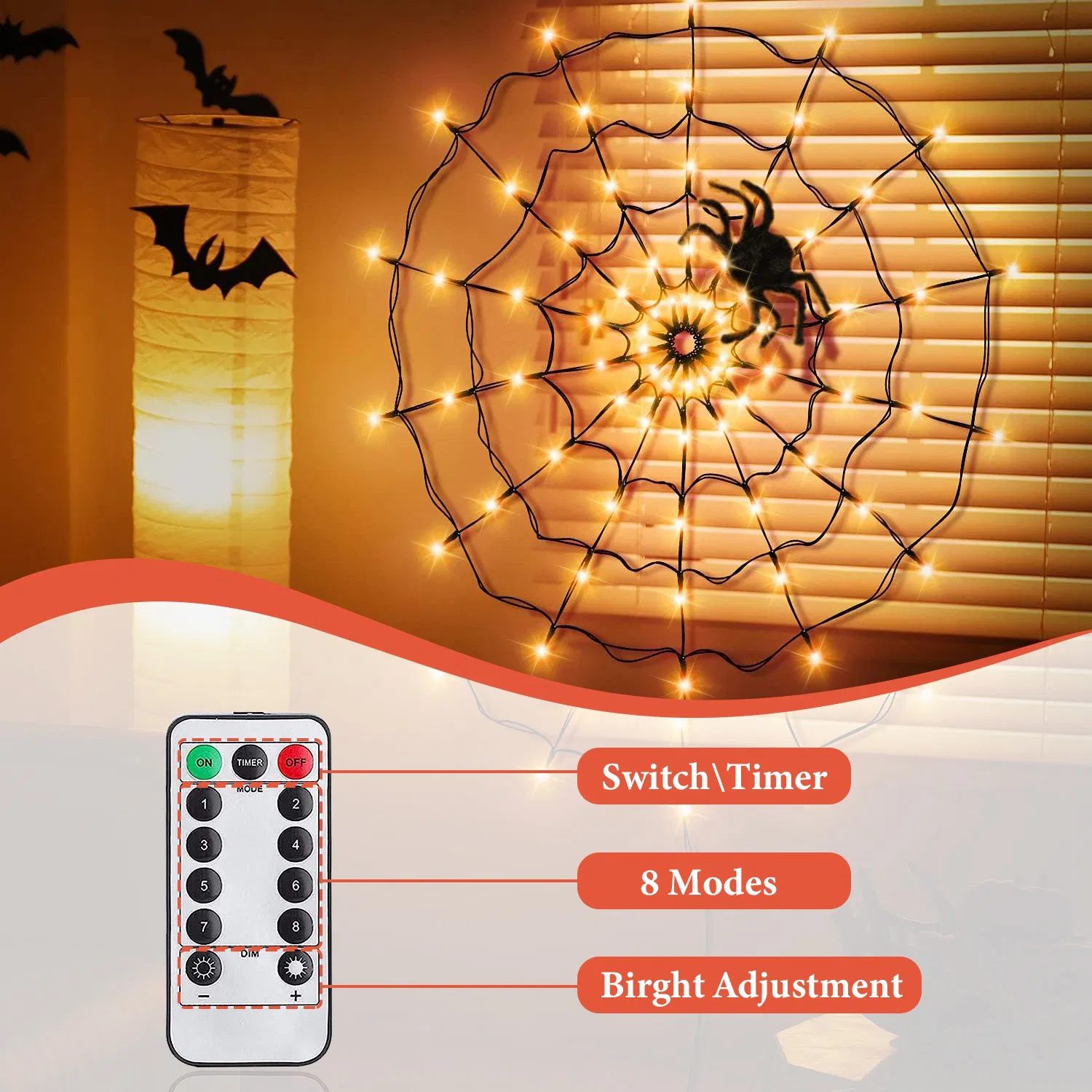 Halloween Spider Web Light - 3.28ft Diameter, 70 LEDs, 8 Modes, 10 Brightness Levels - Battery Powered, IP44 Waterproof with Remote & Timer - Orange/Purple Options - Image 3