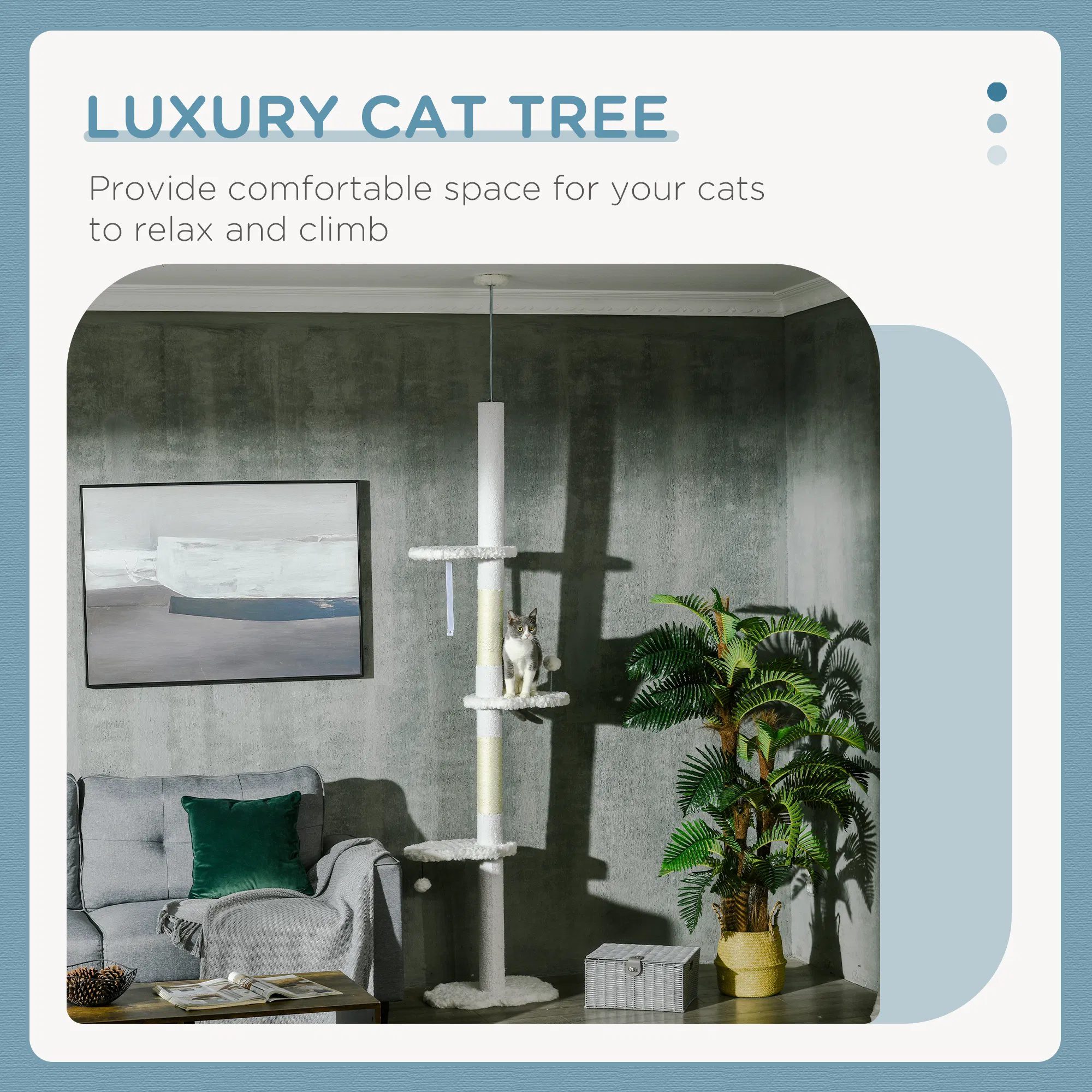 88.5"-100.5" Floor to Ceiling Cat Tree, Cat Tower with Scratching Posts, Cloud Shaped Platforms, Dangling Balls, White - Image 3
