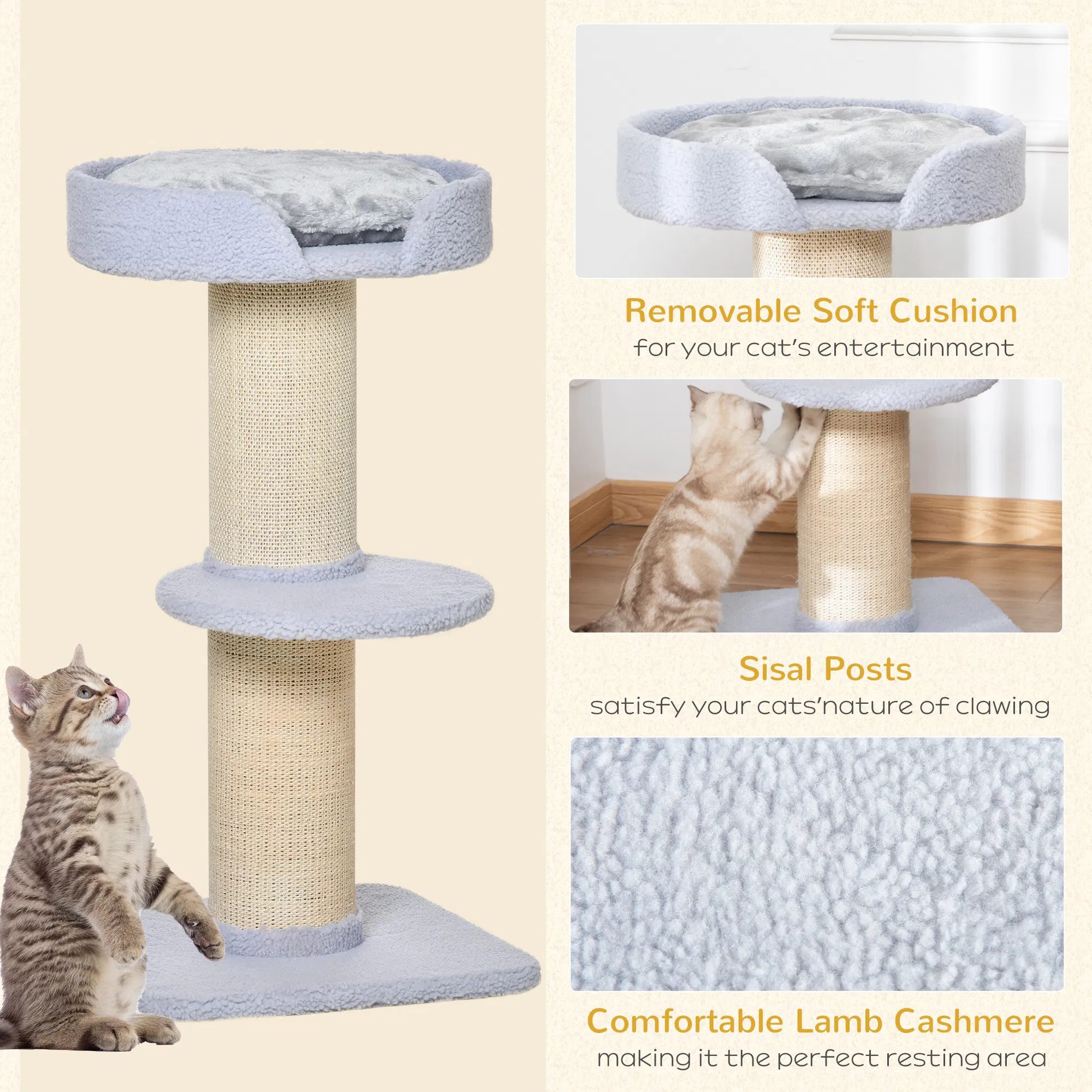 Cat Tree Kitty Tower with Sisal Mat Scratching Post, Cat Bed, Cushion, Perch, 18" x 18" x 36", Light Blue - Image 4