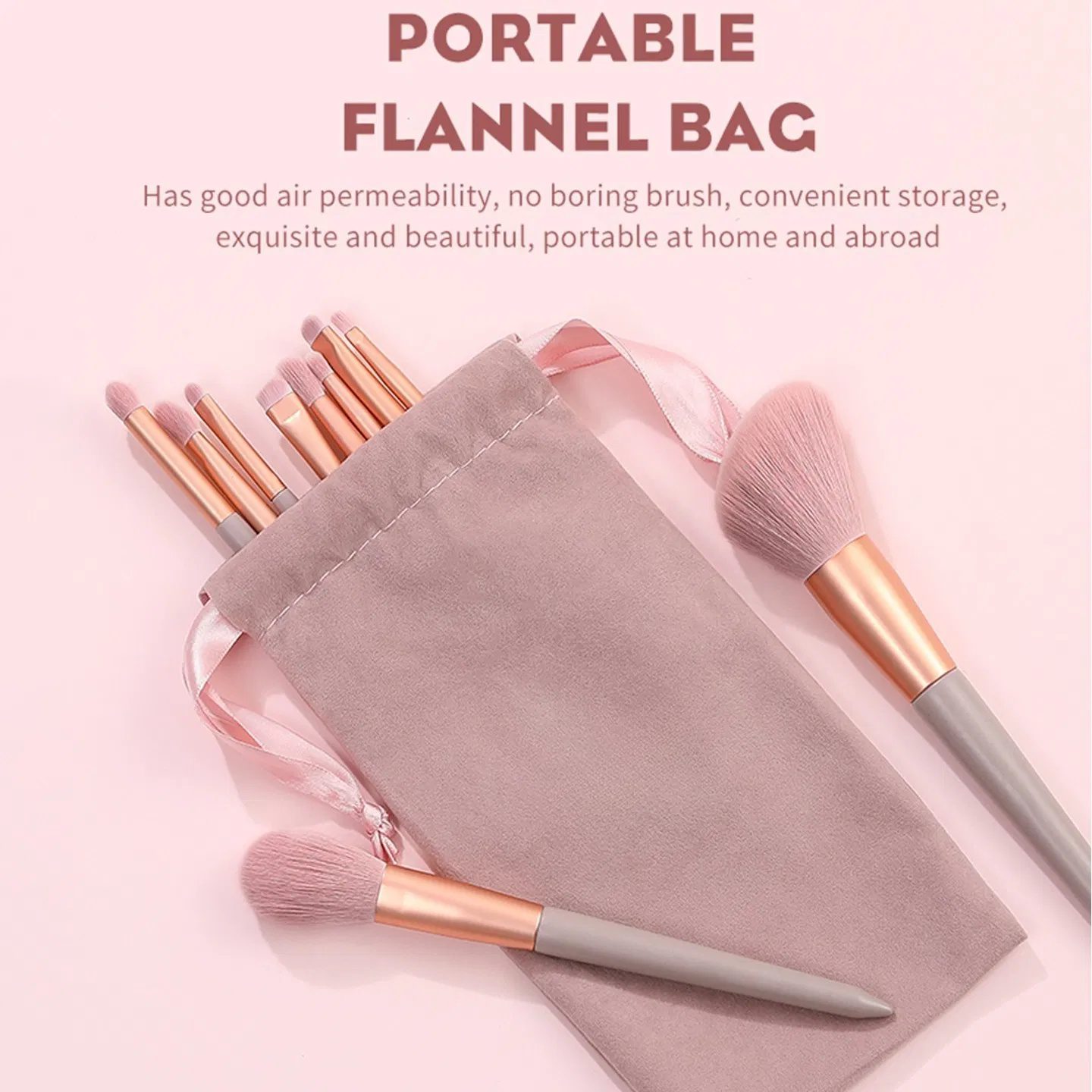 13-piece pink makeup brush set, complete for face and eye application, soft bristles for smooth powder pickup, comes with a velvet storage pouch - Image 6