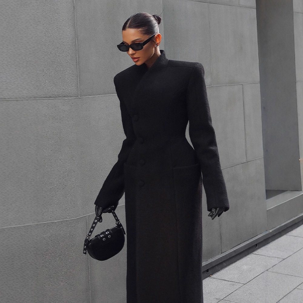 Temperament Shoulder-padded Waist-cinching Long Wool Coat For Women - Image 3