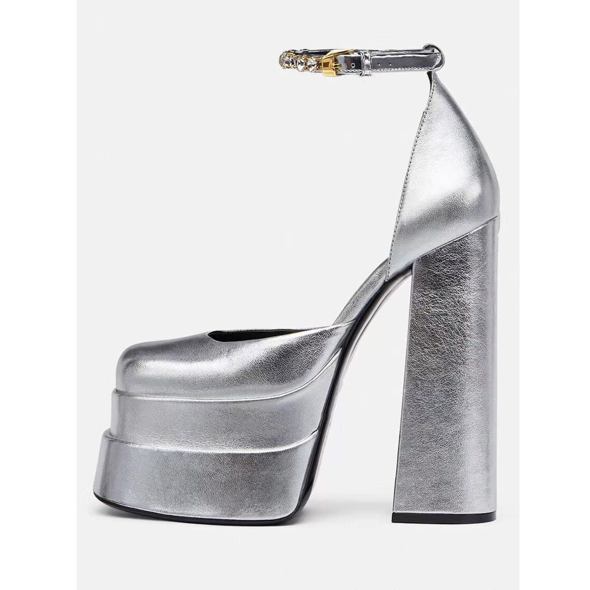 Golden Square Head Hollow Waterproof Platform Buckled Chunky Heel Super High Heel - Image 6