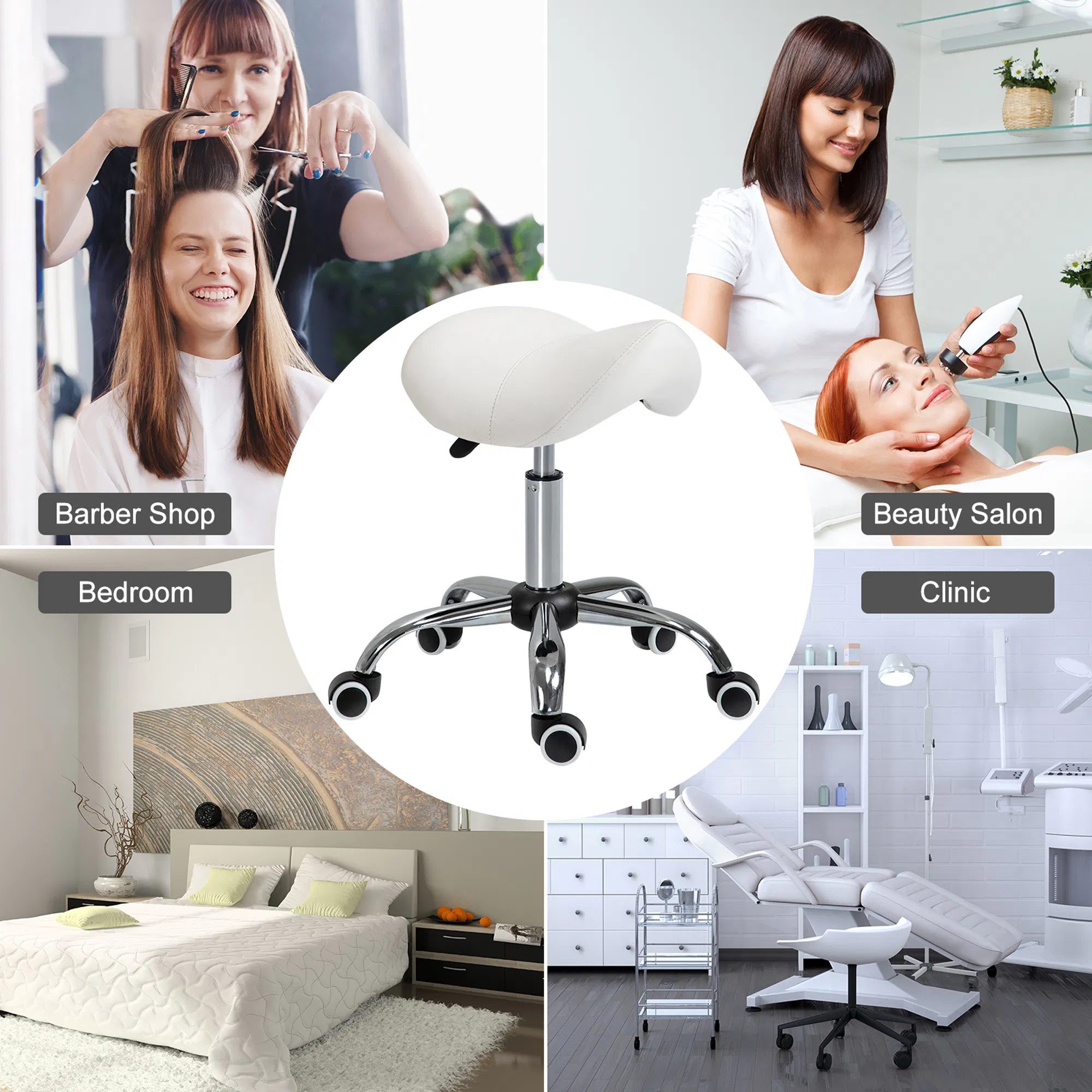 Cream White Rolling Salon Stool: Adjustable Hydraulic Swivel Saddle Chair, PU Leather Spa Beauty Seat - Image 5