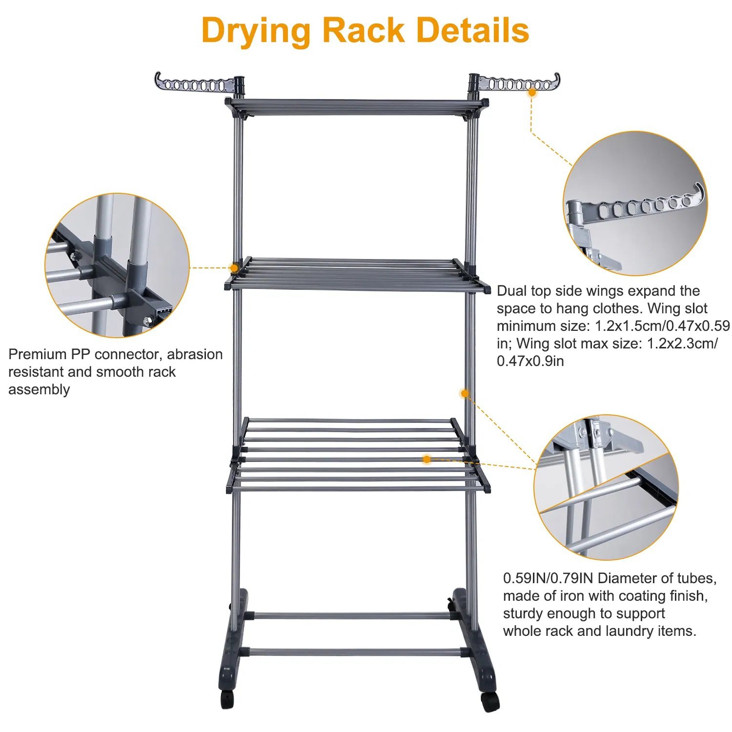 Clothes Drying Rack Rolling Collapsible Laundry Dryer Hanger Stand Rail Shelve Wardrobe Clothing Drying Racks w/ Dual Side Wings - Image 5