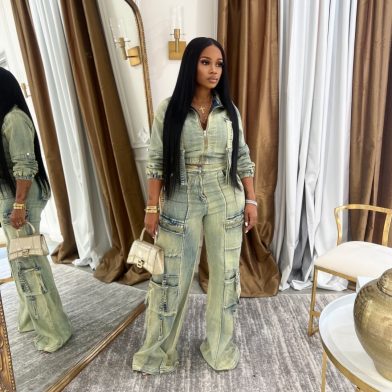 Fashionable And Sexy Washed Denim Jacket And Pants Set
