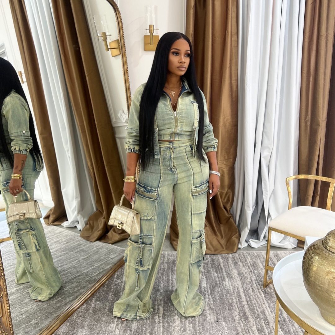 Fashionable And Sexy Washed Denim Jacket And Pants Set