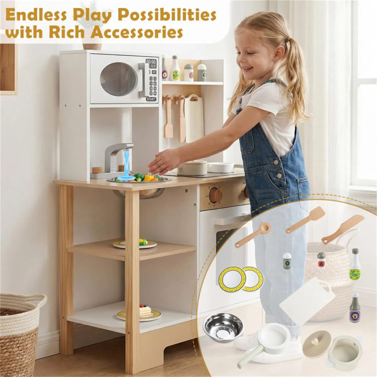 Kids Wooden Play Kitchen with 13 Accessories, Pretend Cooking Set with Chalkboard for 3+, White + Natural - Image 10