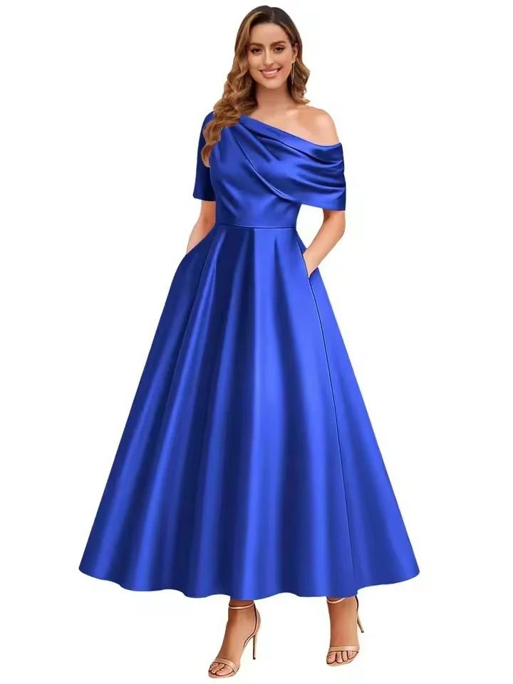 New Elegant And Sophisticated Satin Off-Shoulder Solid Color Dress - Image 9