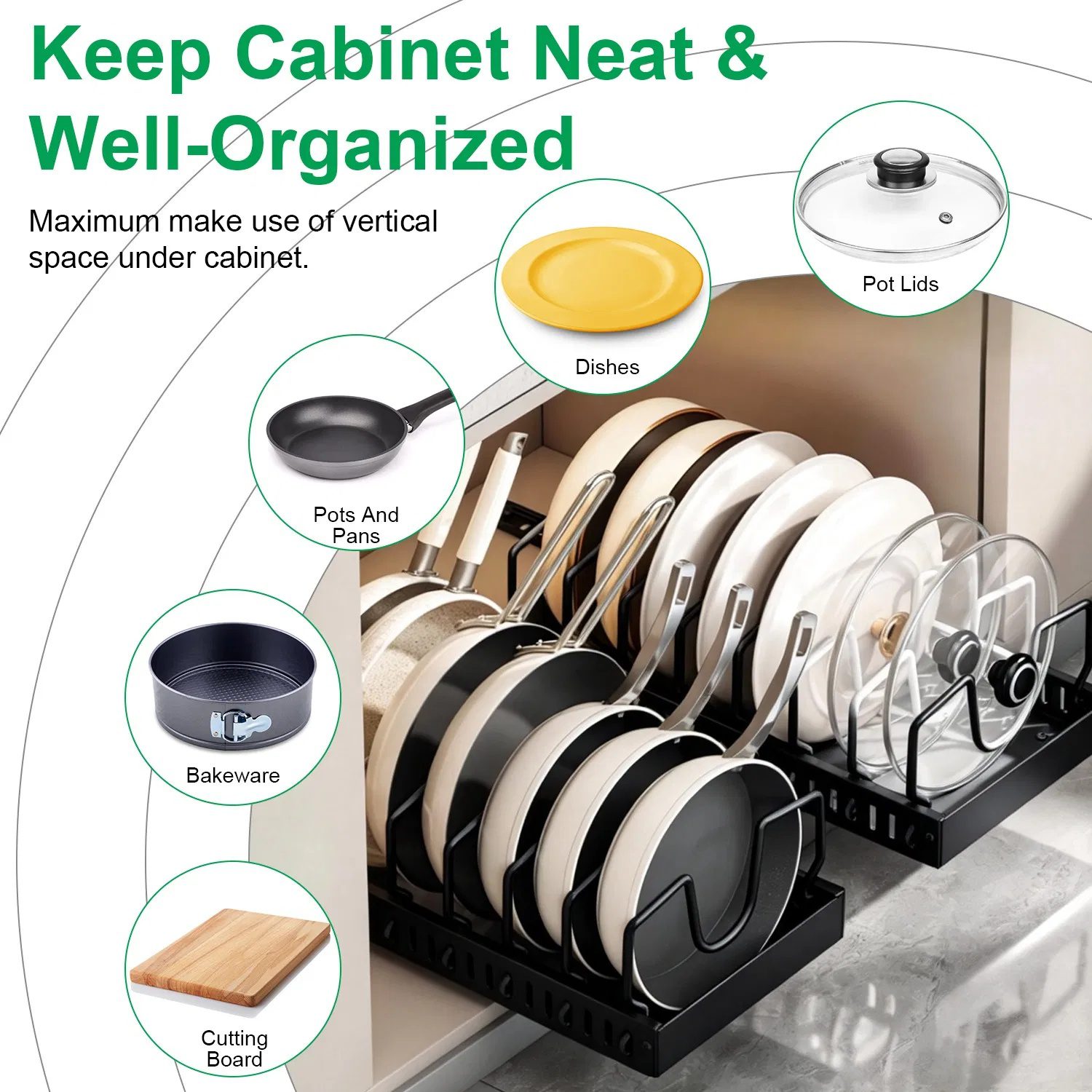 Pull Out Pots and Pans Organizer for Cabinet - 8 Adjustable Dividers, Tool-Free Installation, Damping Rail for Smooth Access, Sturdy Anti-Rust Carbon Steel - Holds Lids, Fry Pans, Bakeware & More - Image 8
