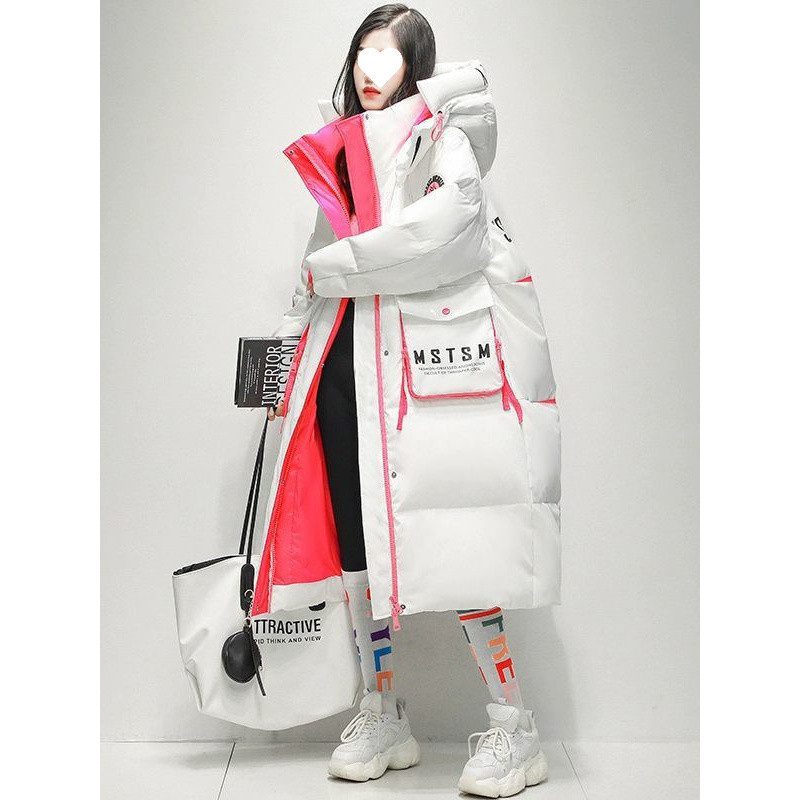 Womens Winter Loose Western-Style Over-the-Knee Long Thermal Patchwork Down Jacket - Image 2
