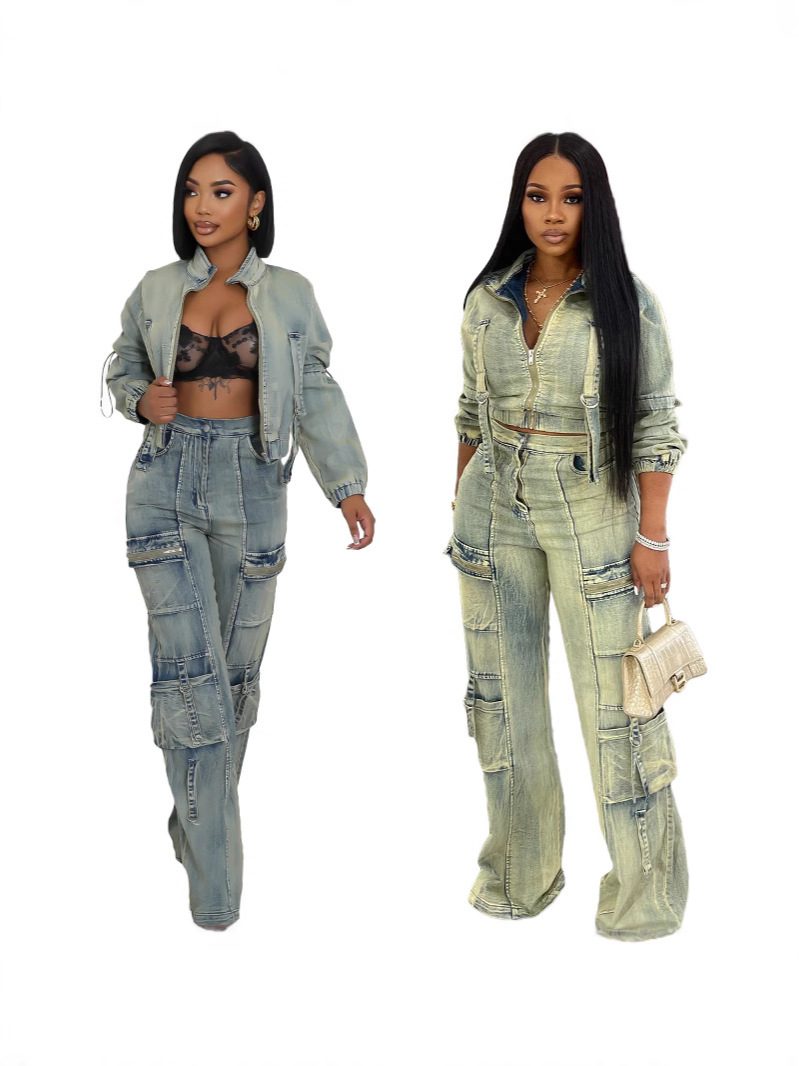 Fashionable And Sexy Washed Denim Jacket And Pants Set - Image 3