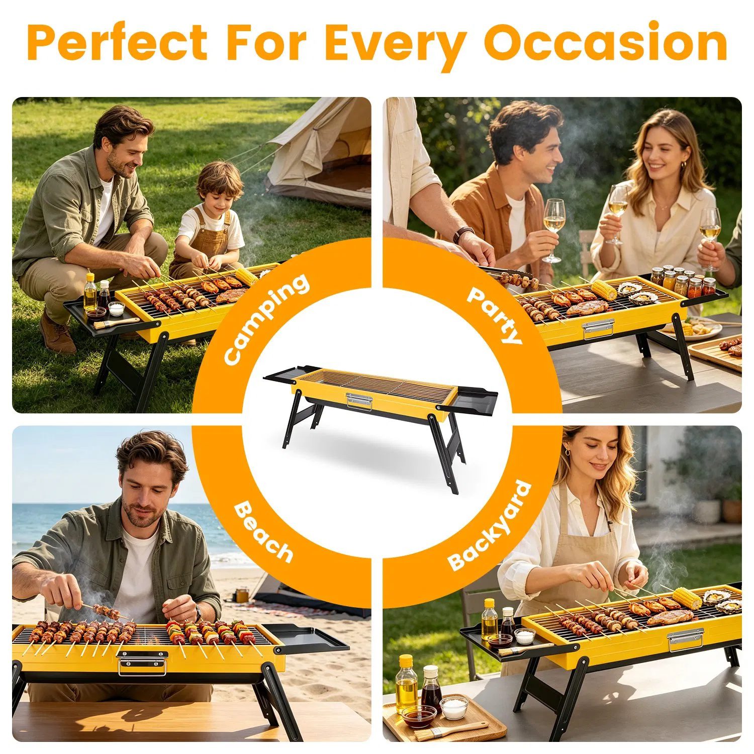 Multi-Function Portable Charcoal Grill with Prep Side Tables, Powder Coated Foldable BBQ for Camping Picnic RV Backyard Party - Image 3