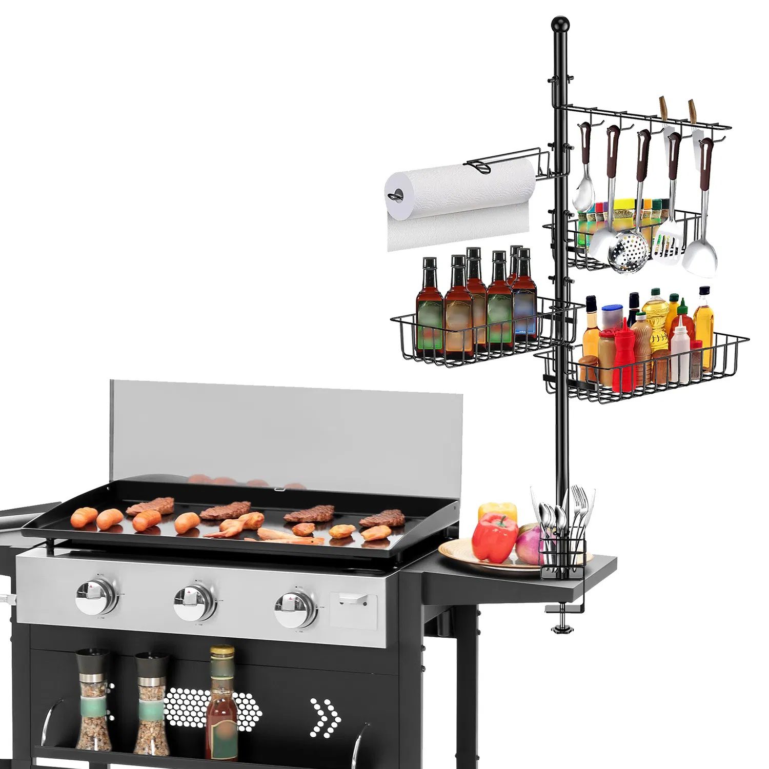 Outdoor BBQ Griddle Caddy Organizer, Multi-Size Storage Baskets & 10 Hanging Hooks, Wind Resistant Paper Towel Holder, Heavy-Duty Rustproof Rack for Camping Picnic - Image 2