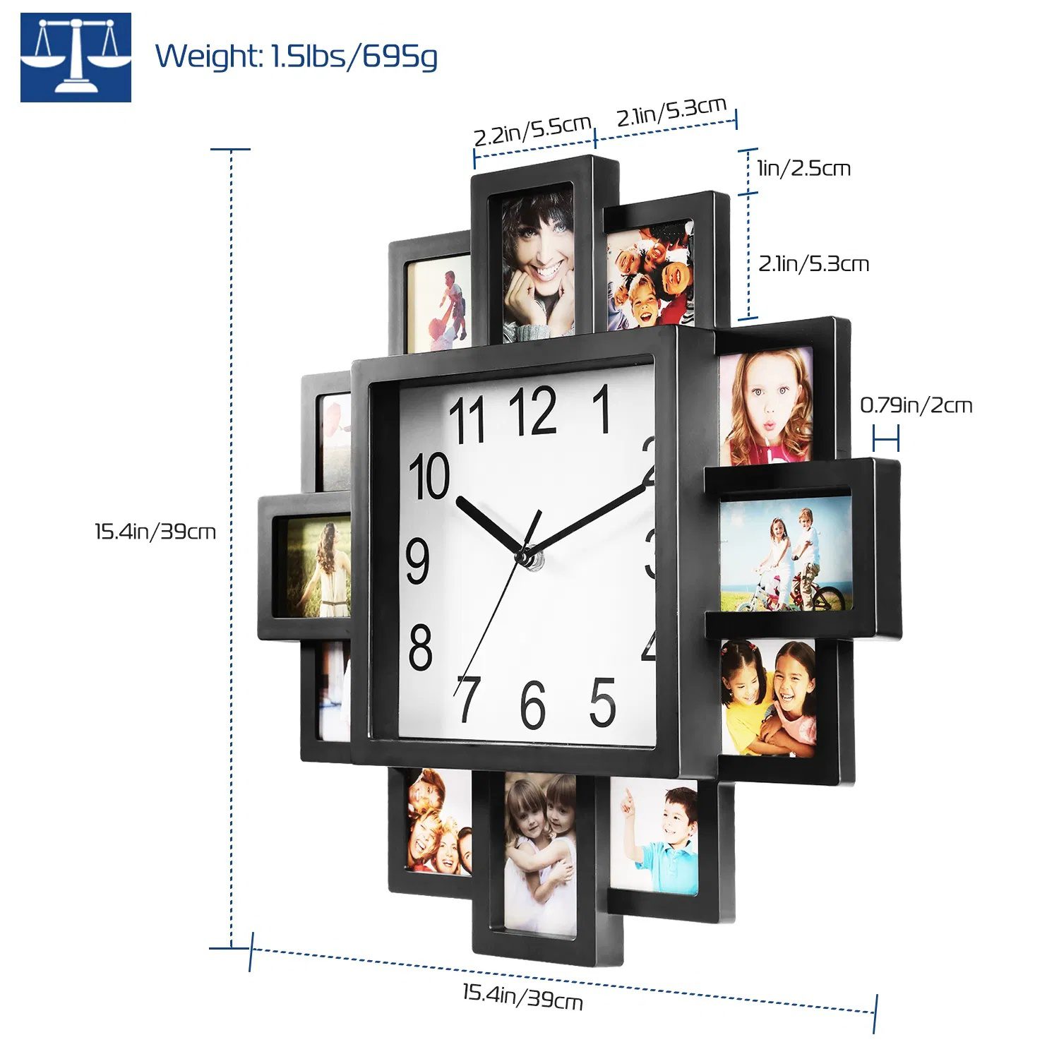 Photo Frame Clock Picture Collage 12-Picture Display Wall Clock Photowall Wall Hanging Home Decor - Image 2