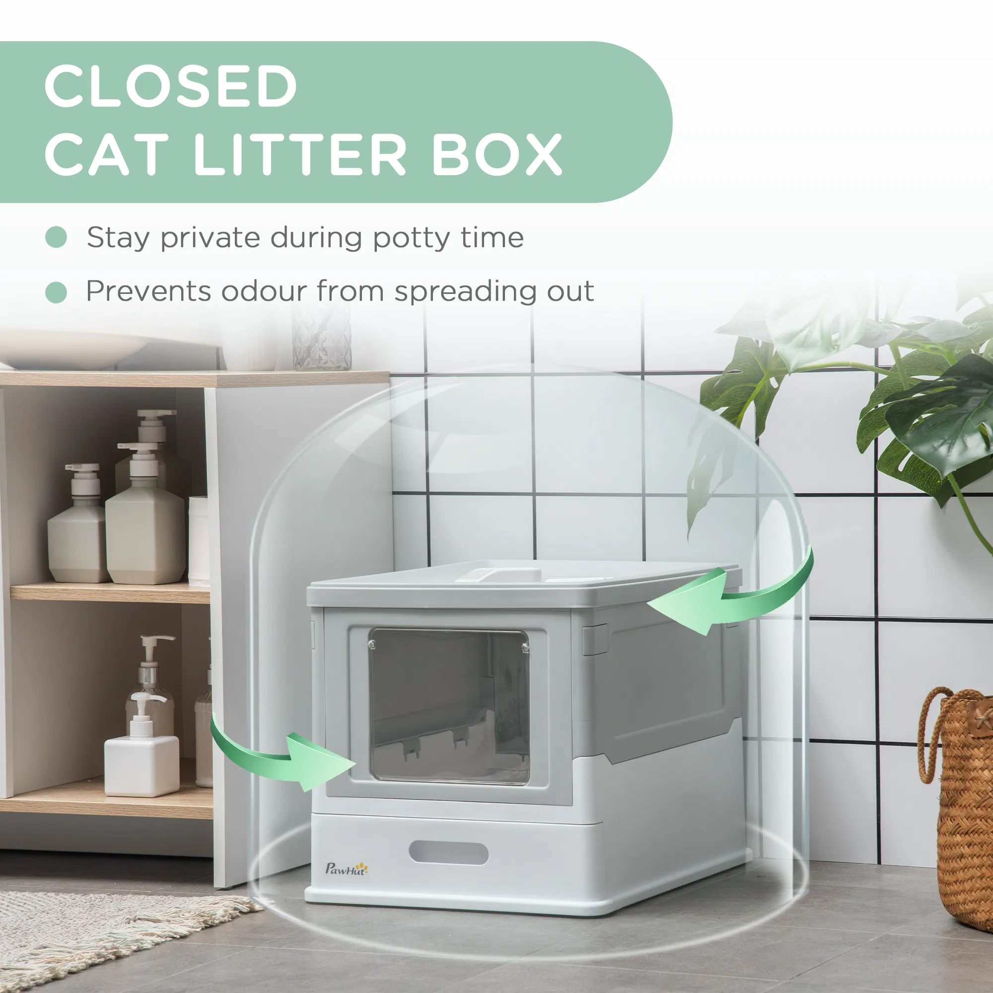 Top Entry Enclosed Kitty Litter Box with Scoop, Tray, Front Entry, Large Space, Foldable, Portable, Grey - Image 6