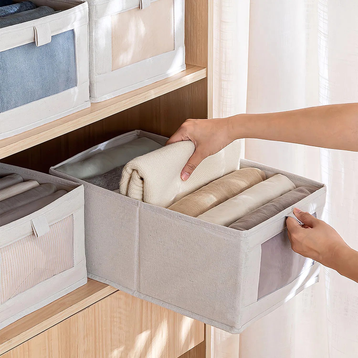4Pcs Foldable Closet Storage Bins with Clear Window, Washable Linen Fabric Storage Baskets for Clothes Organization - Image 6