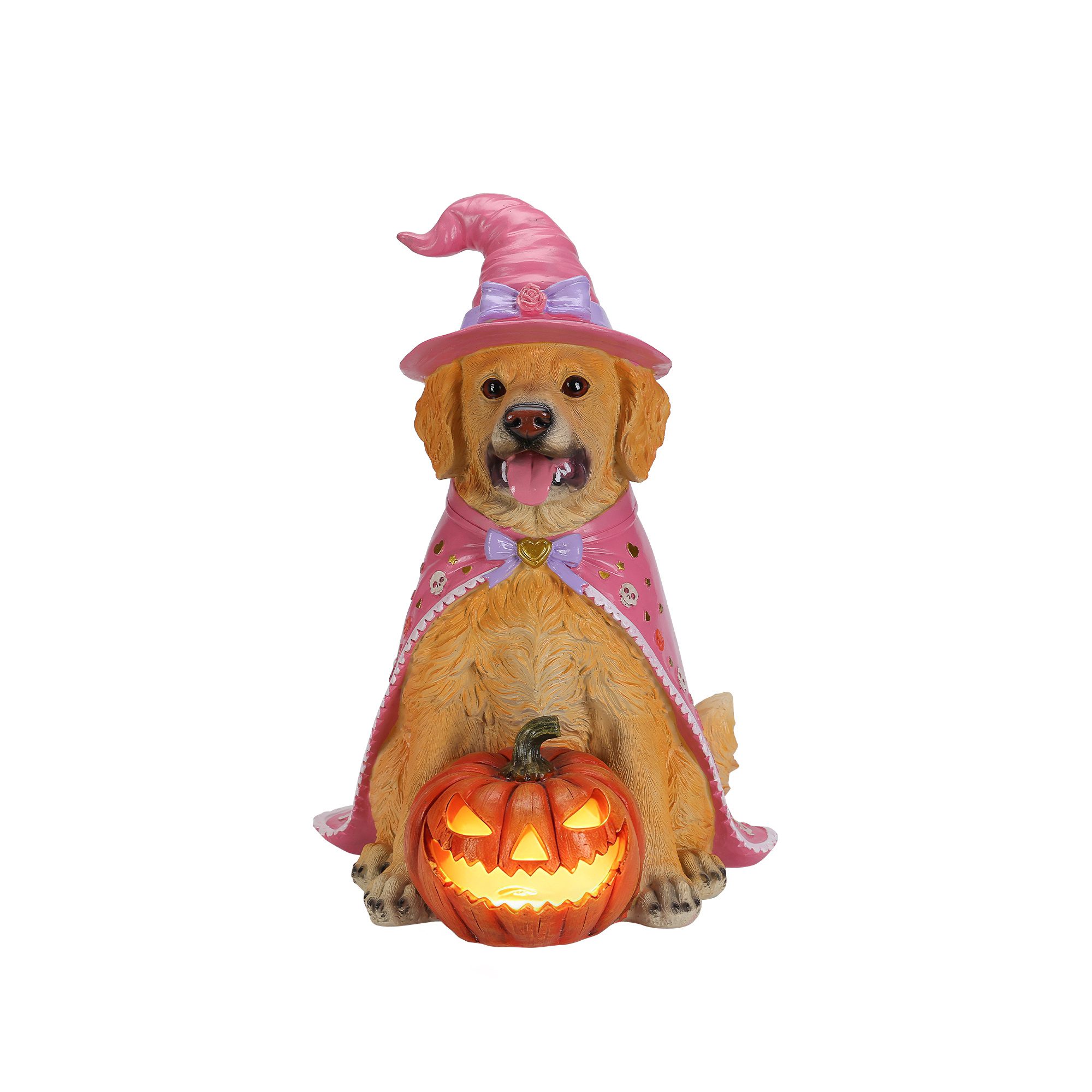 Halloween Golden Retriever Dog Statue, Large Sitting Dog Figurine with Pink Witch Hat & Cape, LED Light Up Jack-O-Lantern Pumpkin - Image 5