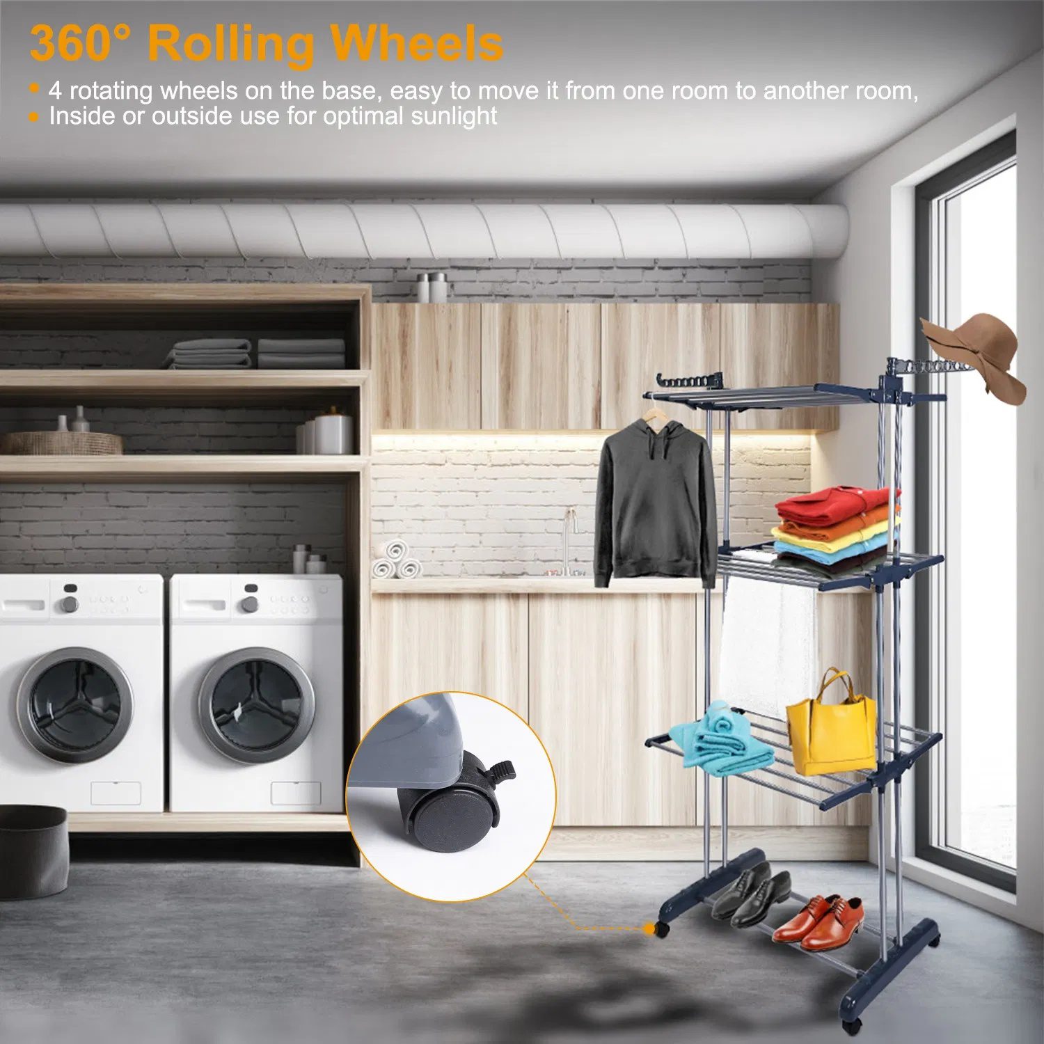 Clothes Drying Rack Rolling Collapsible Laundry Dryer Hanger Stand Rail Shelve Wardrobe Clothing Drying Racks w/ Dual Side Wings - Image 3
