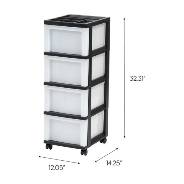 4-Drawer Narrow Plastic Storage Drawer Cart With Organizer Top, Black - Image 3